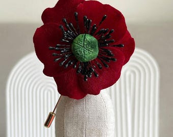 Red Velvet Poppy Brooch: Remembrance Day Lapel Pin