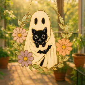 Cute Halloween Cat Ghost Suncatcher – Stained Glass Style Window Hanging with Flowers – Black Cat Ghost Ornament for Fall Decor