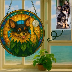 Custom Pet Portrait Suncatcher – Personalized Stained Glass Pet Gift – Sunflower Dog Window Hanging – Unique Memorial or Pet Lover Gift