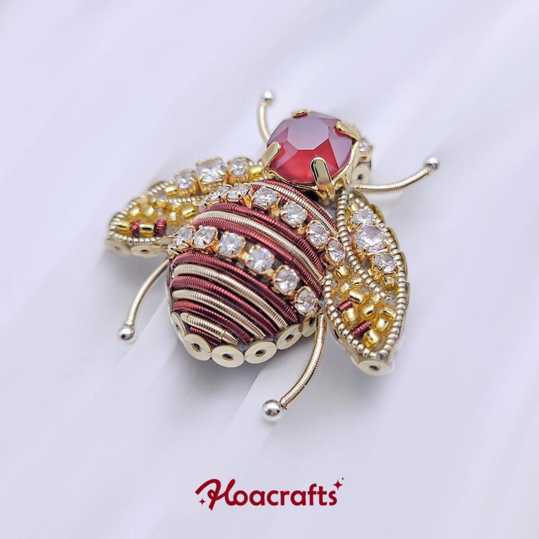Handmade Bee Brooch – Gold Embroidered Insect Pin With Crystals ...
