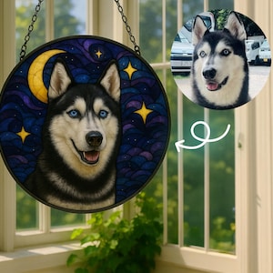 Custom Pet Portrait Stained Glass Suncatcher – Hand-Painted Glass Pet Memorial, Personalized Sun Catcher 4–11.8″, Gift for Pet Lovers
