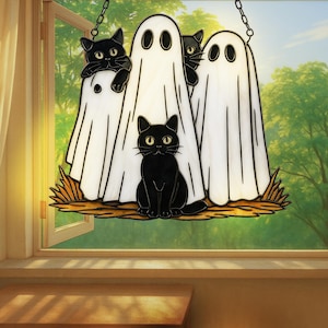 Black Cat Ghost Suncatcher – Halloween Stained Glass Window Hanging, Spooky Cat Decor – Retro Halloween Ghost And Cat suncatcher