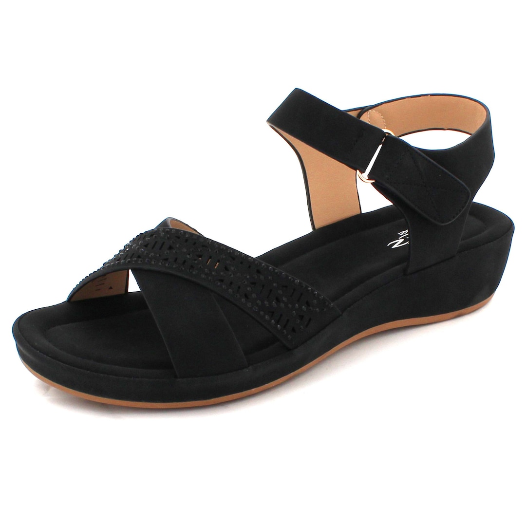 Aarz London Womens Ladies Open Toe Ankle Strap Velcro Fastening Casual Lightweight Medium Wedge
