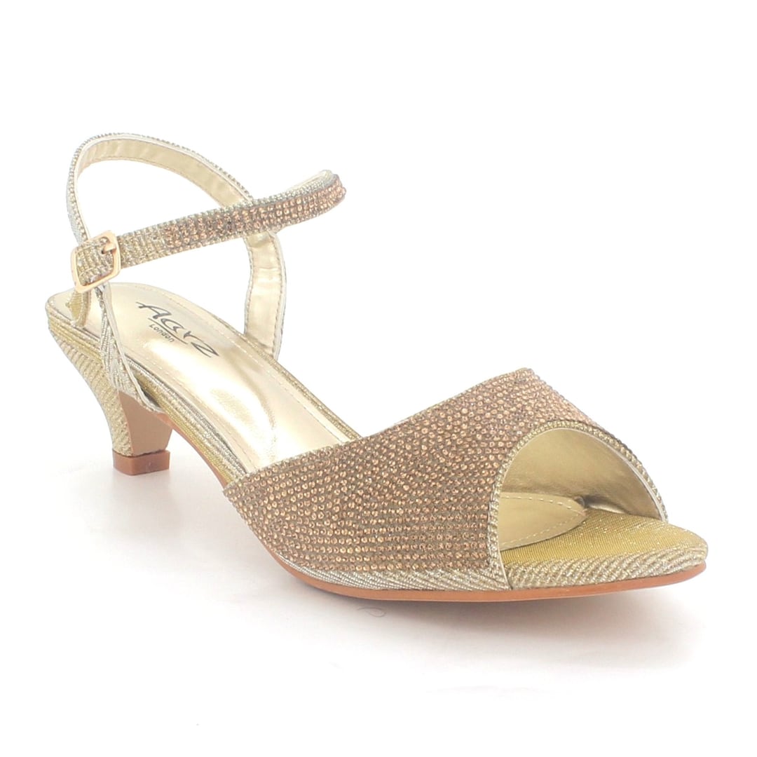 Aarz London Women Ladies Evening Party Wedding Low Kitten Heel Peep Toe Diamante Sandal Shoes