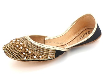 Aarz London Women Ladies Beads Decorated Traditional Indian Ethnic Casual Handmade Flat Khussa Pumps Shoes Size L8566