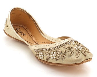 Aarz London Women Ladies Ethnic Decorated Khussa Traditional Indian Casual Handmade Leather Flat Pumps Shoes Size