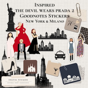 Könnte beinhalten: Digitale Sticker, inspiriert von "Der Teufel trägt Prada 2", mit Modeillustrationen, Stadtlandschaften von New York und Mailand sowie Text. Enthält eine Freiheitsstatue, einen High Heel und ein Martiniglas.