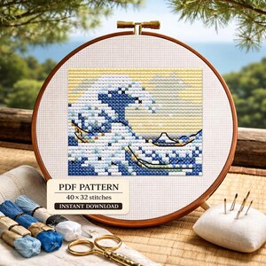 Hokusai Wave Cross Stitch Pattern – Japanese Art Embroidery PDF (Digital Download)