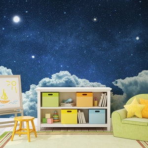 Carta da parati per camera dei bambini e sala giochi / Murale con cielo notturno stellato e soffici nuvole / Parete caratteristica facile fai-da-te per camerette e asili nido per bambini