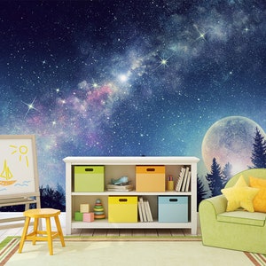 Kids room and playroom wallpaper | Moon and milky way night sky mural | Easy DIY feature wall for children&#39;s rooms and nurseries