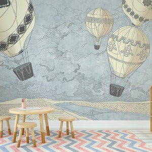 Carta da parati vintage con mongolfiere gialle e blu per la cameretta dei bambini / Decorazione per la cameretta dei bambini / Murale fai da te