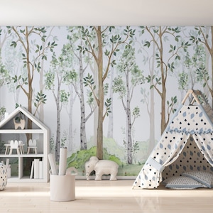 Pastel watercolour forest nursery wallpaper | Nursery Decor | DIY wall art mural