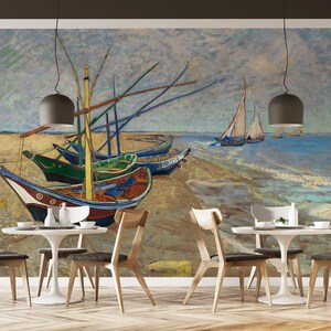 Murale dipinto di Van Gogh / Carta da parati artistica con paesaggio, spiaggia e barca / Facile fai da te Parete caratteristica per caffè, ristoranti e musei