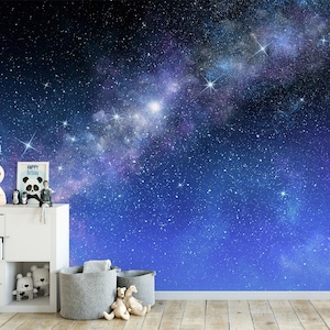 Kids room and playroom wallpaper | Milky way galaxy night sky mural | Easy DIY feature wall for children&#39;s rooms and nurseries