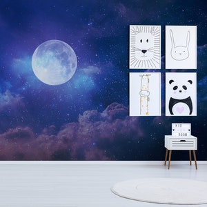 Kids room and playroom wallpaper | Full moon and galaxy night sky mural | Easy DIY feature wall for children&#39;s rooms and nurseries