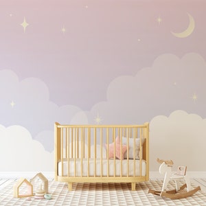 Carta da parati per cameretta con cielo notturno viola pastello / Decorazione per cameretta / Murale fai da te