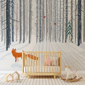 Carta da parati per cameretta con tema foresta invernale di volpe / Decorazione per cameretta / Murale fai da te