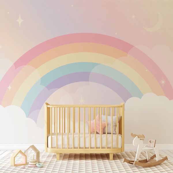 Pastel rainbow and clouds nursery wallpaper | Baby's room home decor | DIY wall art mural