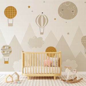 Carta da parati arancione neutro con mongolfiere per cameretta dei bambini / Decorazione per cameretta dei bambini / Murale fai da te