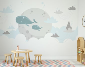 Ocean Wall Mural for Kids Room Flying Whales Moon Clouds Scene