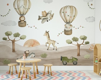 Carta da parati per cameretta con simpatici animali da safari in mongolfiere / Decorazione per cameretta / Murale fai da te