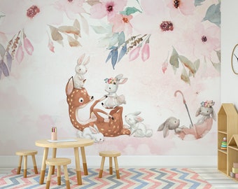 Kids Room Wallpaper Mural with Deer Rabbits and Watercolor Flowers