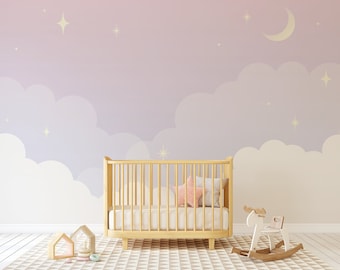 Carta da parati per cameretta con cielo notturno viola pastello / Decorazione per cameretta / Murale fai da te