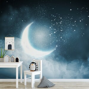 Carta da parati per camera dei bambini e sala giochi / Murale luminoso con cielo notturno con luna e stelle / Parete caratteristica facile fai-da-te per camerette e asili nido per bambini