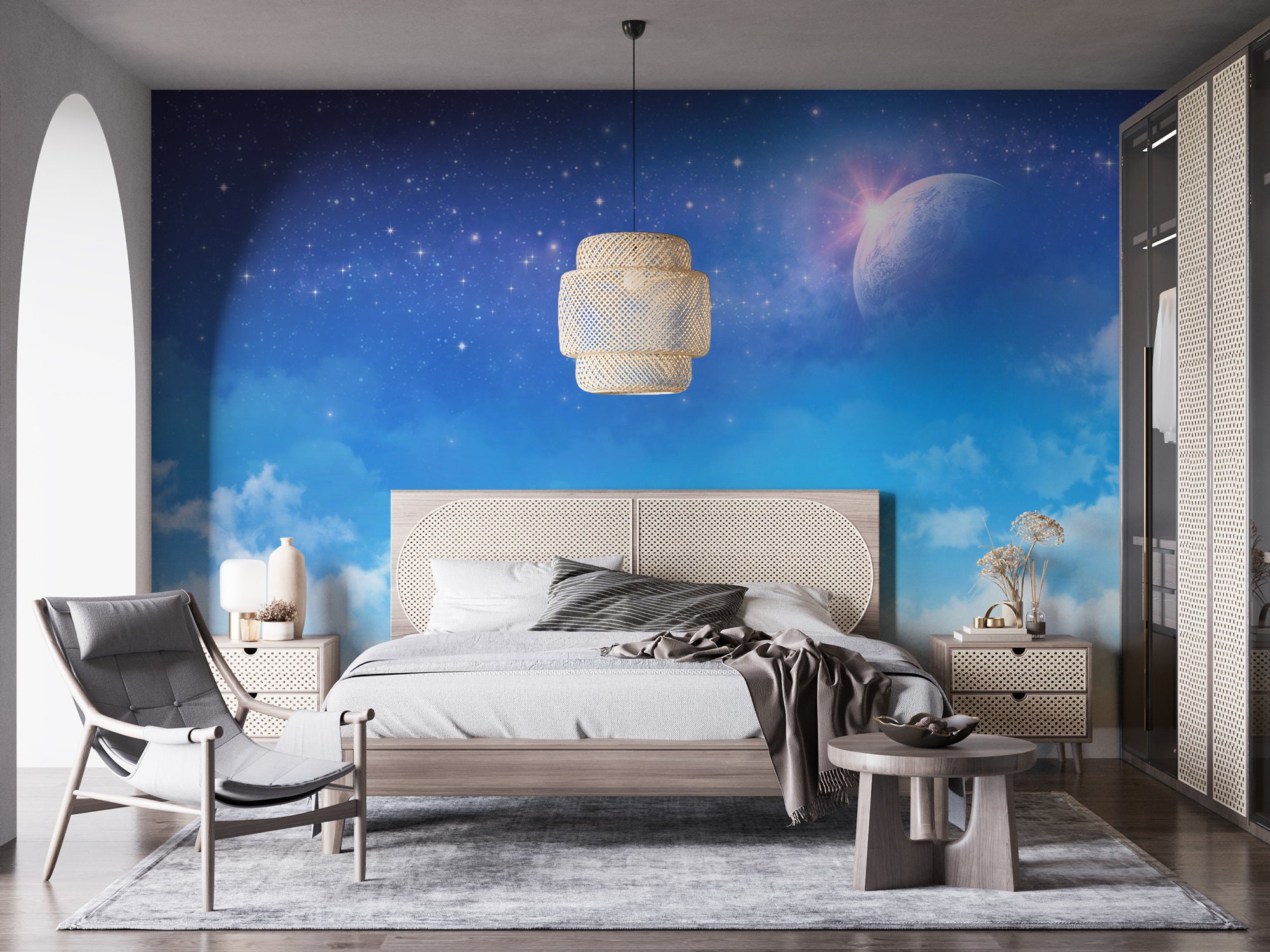 Blue Starry Night Sky Wall Mural | Kids Moon and Clouds Paper Wallpaper ...