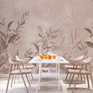 Murale floreale boho marrone / Carta da parati vintage in carta botanica seppia / Parete caratteristica fai-da-te per camera da letto, soggiorno, cucina e ufficio