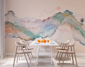 Abstract landscape boat wall mural | Rainbow and cream fluid art wallpaper | DIY feature wall for bedroom, living room, kitchen and office