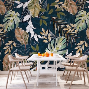 Botanical monstera wall mural | Green & brown floral leaf paper wallpaper | Feature wall for bedroom, living room, kitchen and office