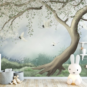 Asian floral tree wall mural | Japanese landscape painting paper wallpaper |  DIY feature wall for bedroom, living room, kitchen and office