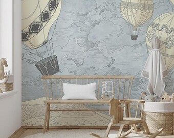 Vintage Hot Air Balloon Nursery Wallpaper Mural – Pastel Sky & Clouds, Whimsical Kids Room Wall Decor