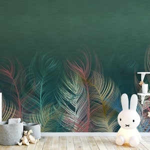 Abstract feather wall mural | Dark green and rainbow leaf paper wallpaper | DIY feature wall for bedroom, living room, kitchen and office