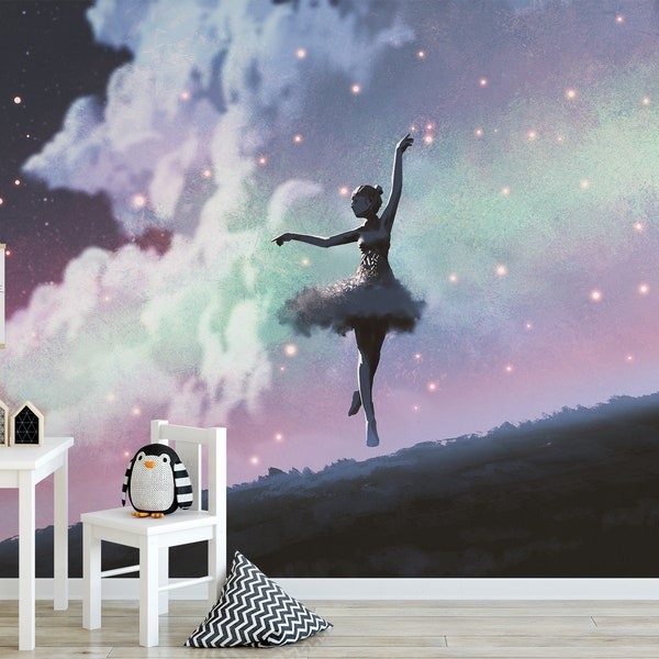 Magical dancing ballerina wall mural | Night sky rainbow sparkly clouds paper wallpaper | DIY feature wall for Children's and kids bedroom