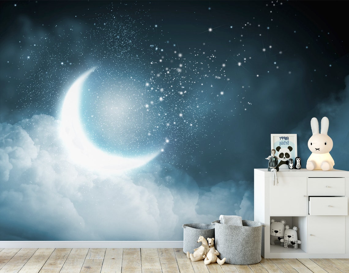 Glowing Moon and Stars Wallpaper Mural: Kids Room Night Sky - Etsy