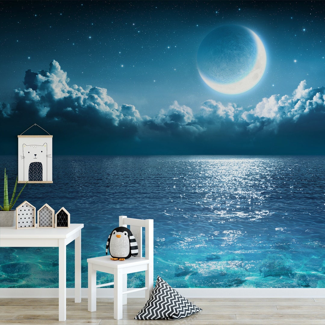 Kids Room and Playroom Wallpaper | Moon and Stars Night Sky Over Blue ...