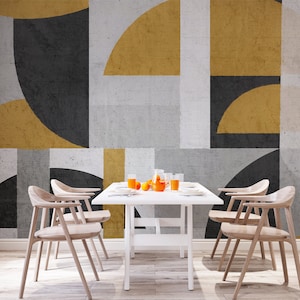 Moderne Blockfarbe Wandbild | Geometrische grau und gold Papiertapete | DIY Wanddeko für Schlafzimmer, Wohnzimmer, Küche, Arbeitszimmer und Büro