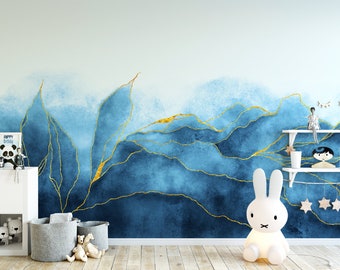 Abstract watercolour leaf wall mural | Blue & gold line art paper wallpaper | DIY feature wall for bedroom, living room, kitchen and office