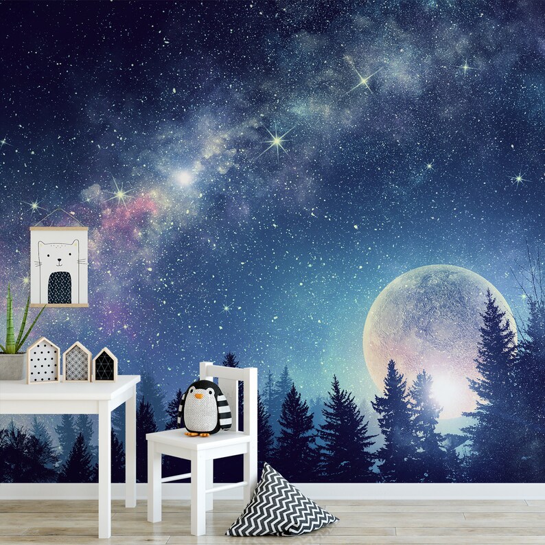Moon & Milky Way Wallpaper Mural: Kids Room Night Sky Feature Wall ...