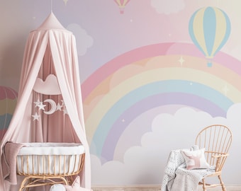 Carta da parati murale per cameretta dei bambini / Murale con arcobaleno rosa pastello e mongolfiere / Parete caratteristica fai da te facile per la camera dei bambini e dei neonati
