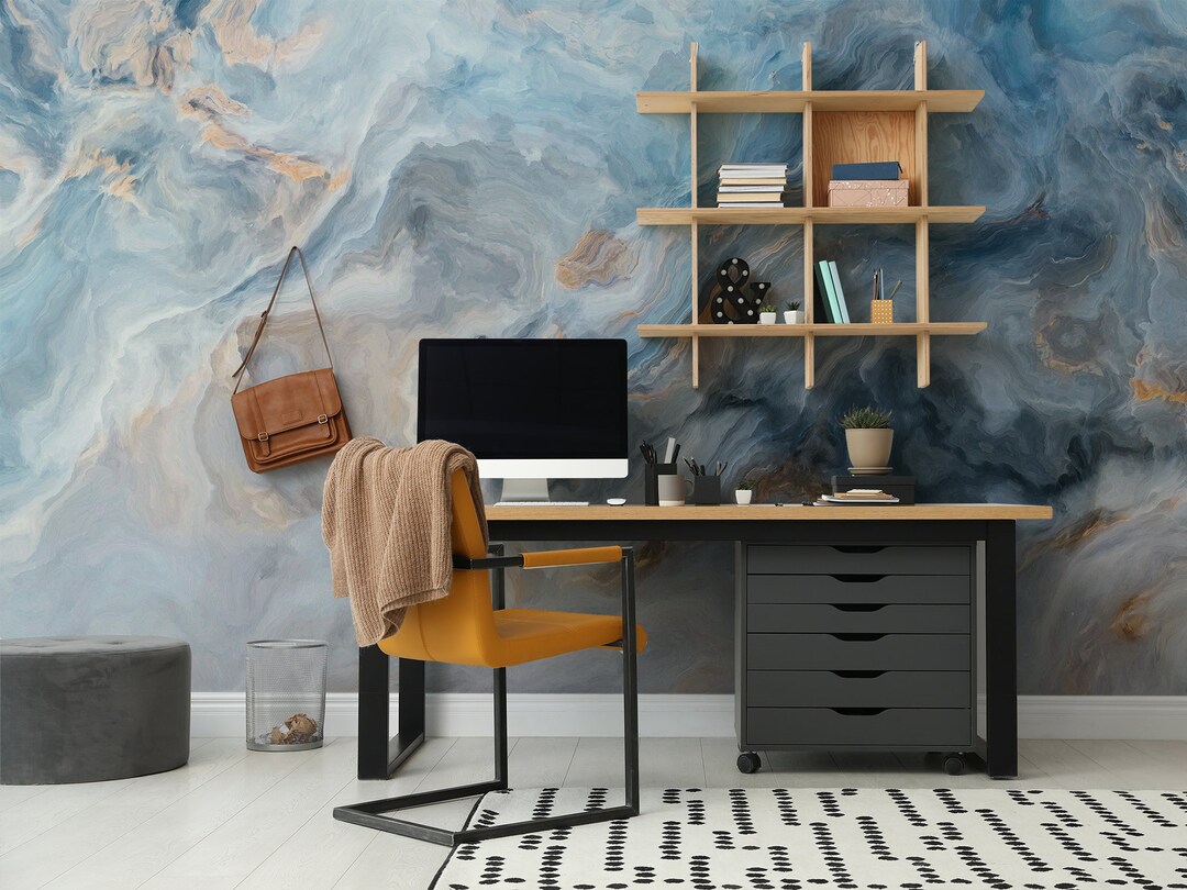 Blue, Grey and Gold Wall Mural Marble Paint Texture Paper Wallpaper