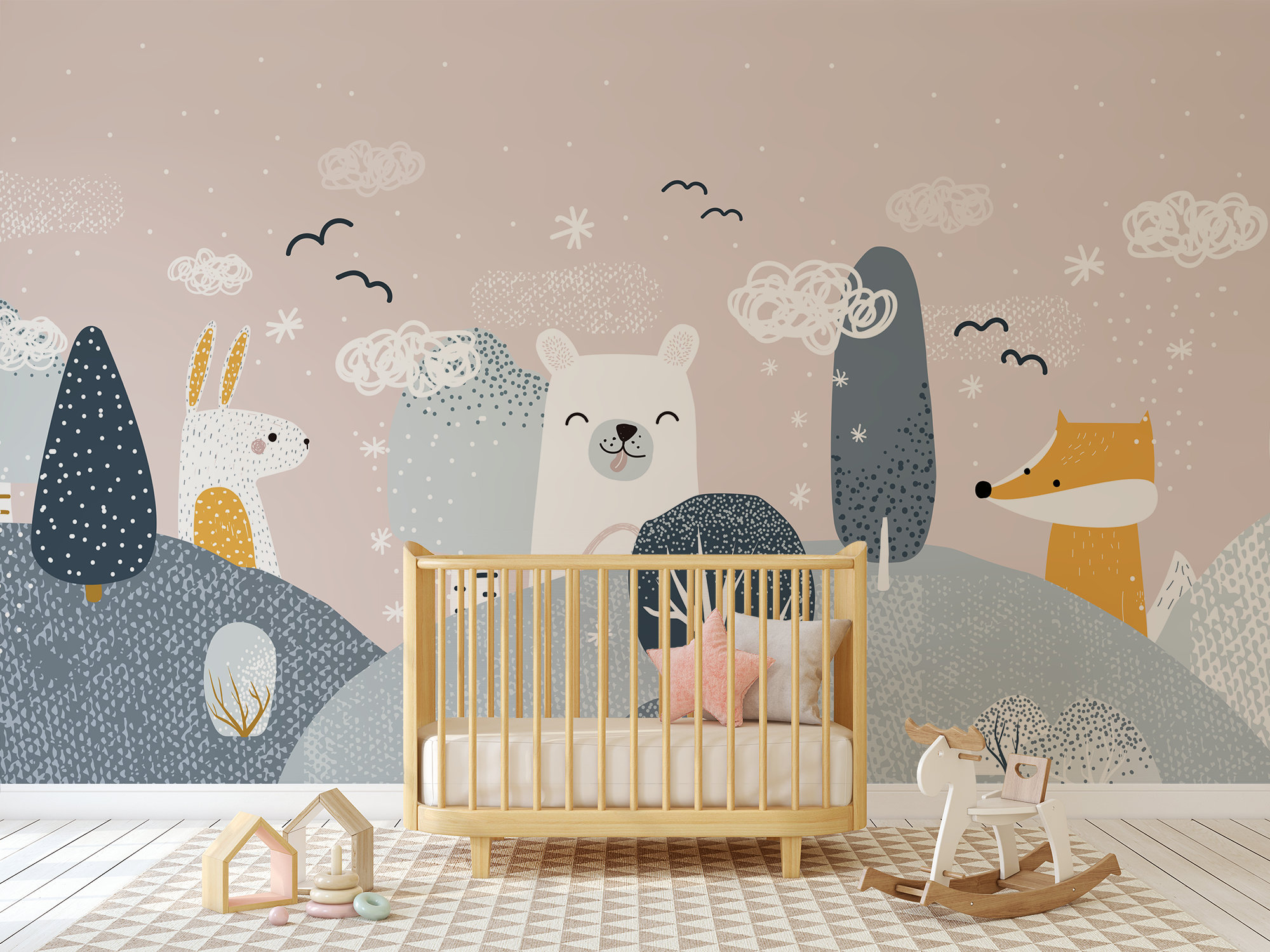 Cute Pastel Pink and Grey Woodland Animal Nursery Wallpaper | Nursery ...