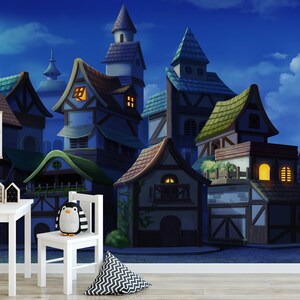 Carta da parati con scena di villaggio di cartoni animati fantasy / Carta da parati rimovibile per cottage con cielo notturno / Parete caratteristica facile fai-da-te per camerette per bambini e ragazzi