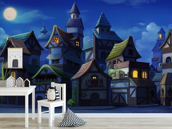 Fantasy Cartoon Village Scene Wall Mural Night Sky Cottages - Etsy Fantasy Cartoon Village Scene Wall Mural Night Sky Cottages - Etsy