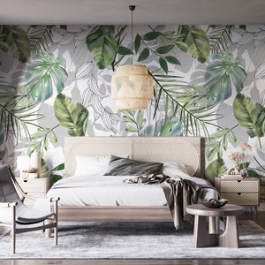 Botanisches Monstera Wandbild | Grün-weiße florale Blatt Papiertapete | DIY Feature Wand für Schlafzimmer, Wohnzimmer, Küche und Büro