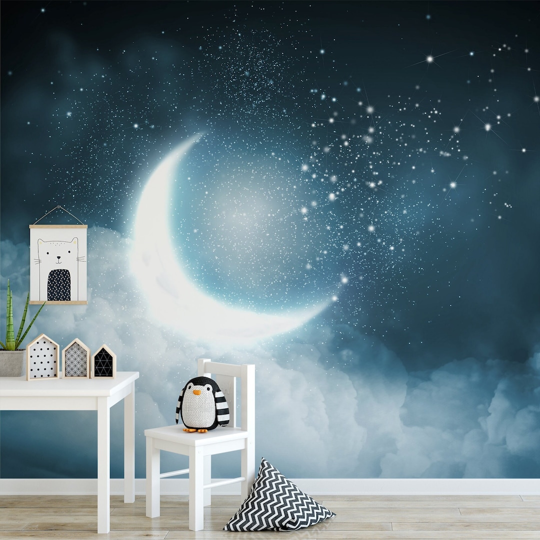 Glowing Moon and Stars Wallpaper Mural: Kids Room Night Sky - Etsy