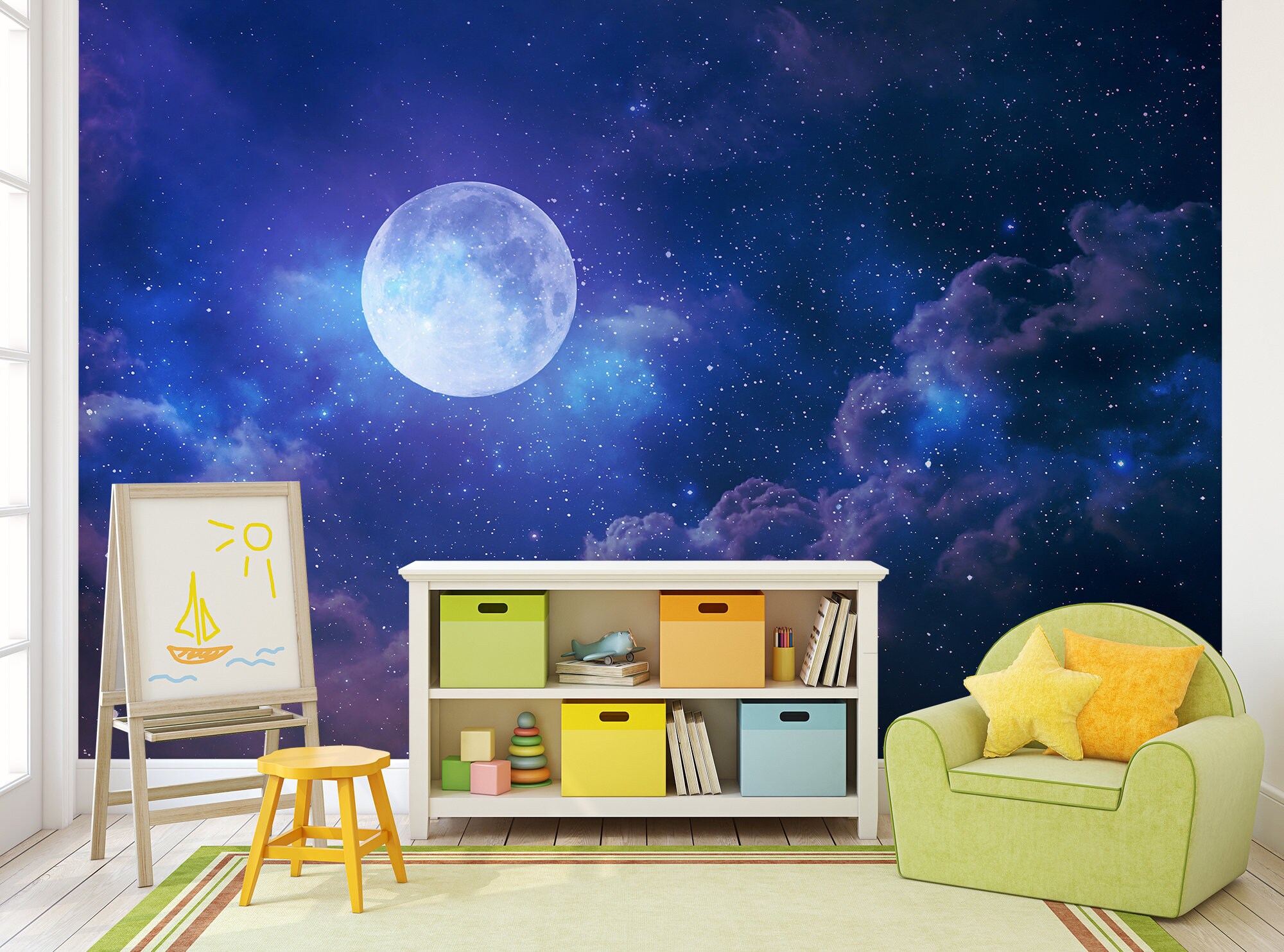 Kids Room and Playroom Wallpaper | Full Moon and Galaxy Night Sky Mural ...