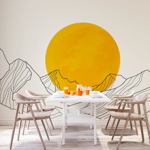 Moderne Landschaft Wandbild | Gelb Line Art Berg Papiertapete | DIY Wanddeko für Schlafzimmer, Wohnzimmer, Küche, Arbeitszimmer und Büro